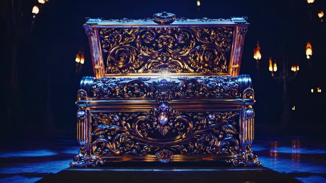 Golden treasure chest opens with light from inside. Concept: wealth and lottery