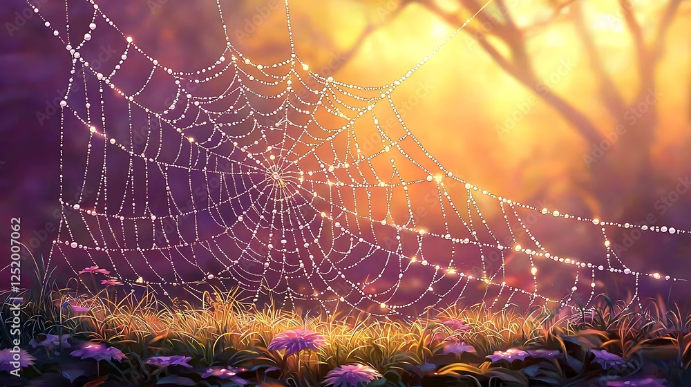 Wall mural the soft light dawn highlighting the intricate details a spidera??s web covered in dew