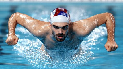 Competitive swimmer making a powerful stroke in a pool, splashing water, with spectators in background