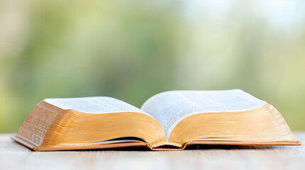 Open Bible on table, outdoors, blurred background, peaceful reading