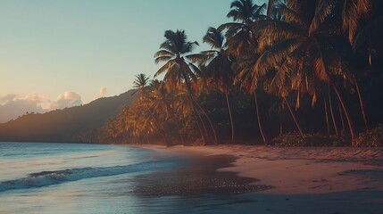 The warm hues dawn highlighting a tropical beach lined with swaying palm trees