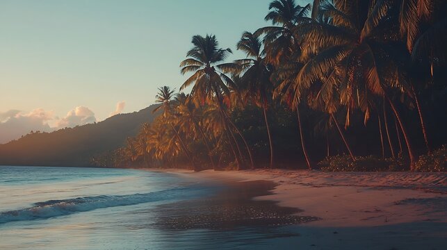 The warm hues dawn highlighting a tropical beach lined with swaying palm trees