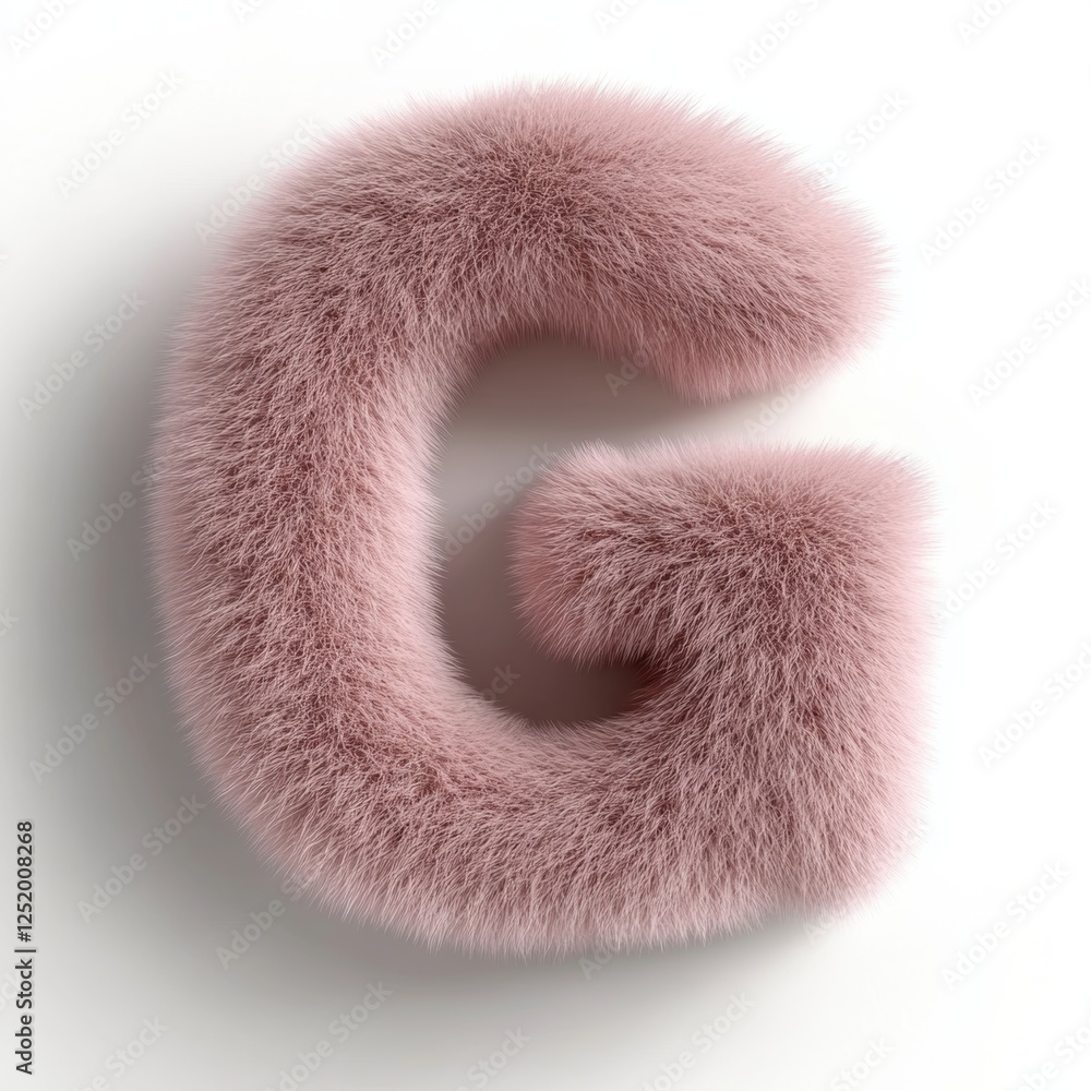 Poster fluffy letter g in light pink color on a pure white background created with virtual rendering techni
