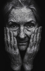 Black and White Portrait of an Elderly Woman Holding Her Face, Expressing Deep Emotion, Aging, and Contemplation