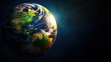 Fototapeta premium Global trade routes, illuminated Earth, space background; ideal for finance, news