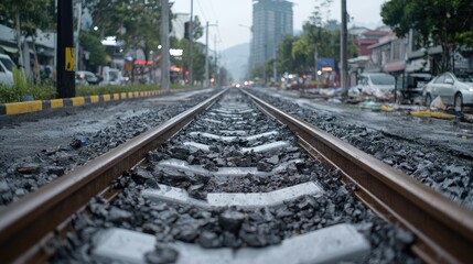 Fototapeta premium Wet city street train tracks, urban scene, misty morning