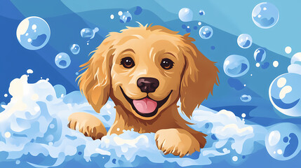 Happy golden retriever in bath with foam and bubbles isolated on blue background copy space. Lava-Sea Creatures. Illustration