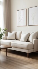 Fototapeta premium Exploring different angles of a minimalist sofa in a serene interior setting with soft lighting and subtle decor