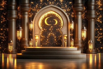 Fototapeta premium Elegant Ramadan Stage Decor Golden Lanterns Pillars and Crescent Moons