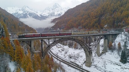 Train crossing snowy mountain bridge, autumn foliage