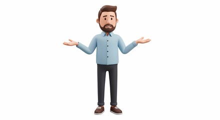 Man with beard and blue shirt standing with hands outstretched and arms extended to the side, Andres Stock, Post-Simplification, 3D model, 3D rendering generative AI