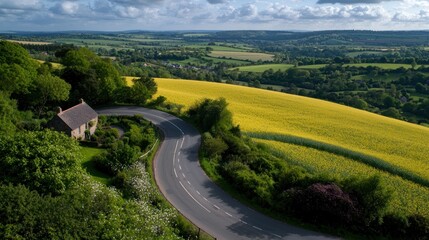 Scenic countryside view featuring winding road, vibrant fields, and distant hills under a cloudy sky