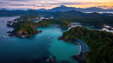 Obraz premium Coastal sunset aerial view, island chain, tranquil ocean