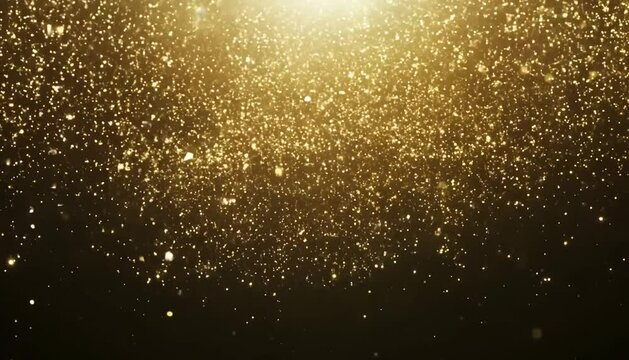 A video of golden glitter particles falling against a black background. The particles shimmer and sparkle as they float down, creating a magical and festive effect.