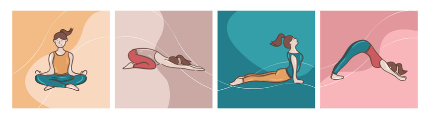 4 jeunes femmes faisant du yoga sur fond unis avec lignes. Mode de vie sain et bien-être
