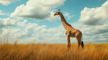 Obraz premium A giraffe standing gracefully in a vast grassland, surrounded by wildlife and the beauty of the outdoors.