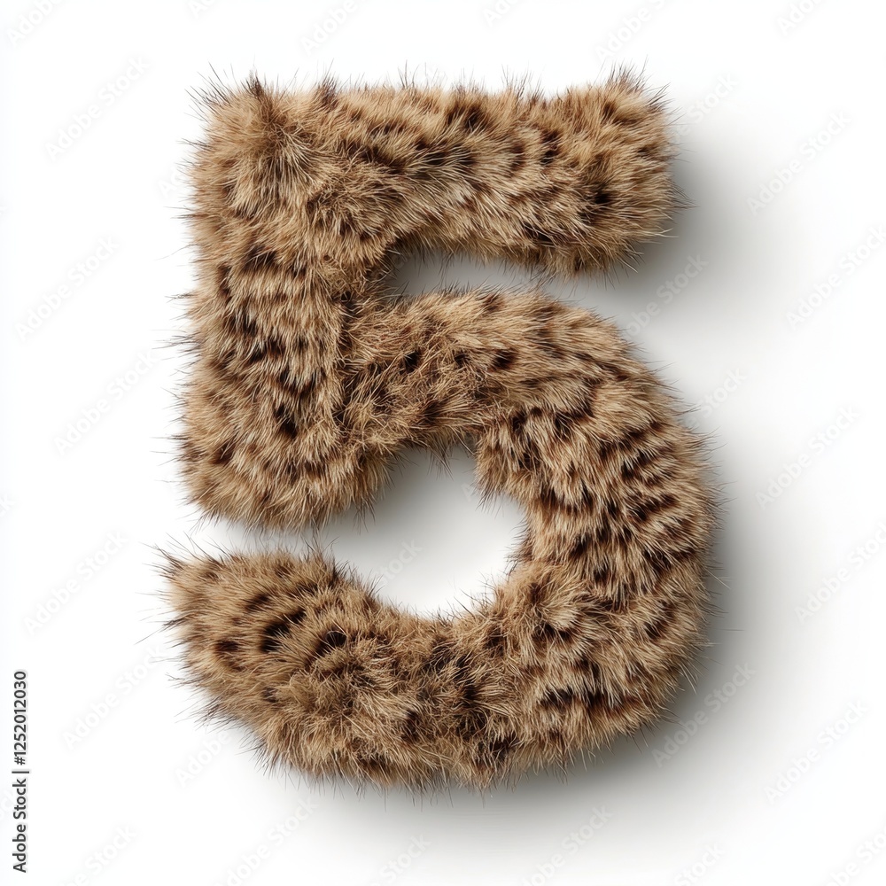 Poster creation of the number 5 crafted from leopard fur set against a clean white background for a strikin