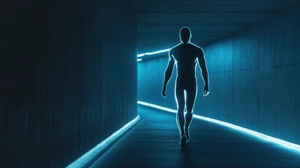 Fototapeta premium Solitary Figure Walking Through a Neon-Lit Tunnel