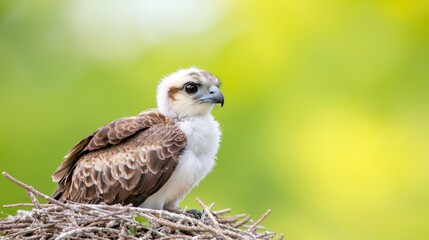 Obraz premium Young falcon chick in nest, green background, wildlife