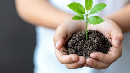 Child's hands holding sapling, growth, sustainability