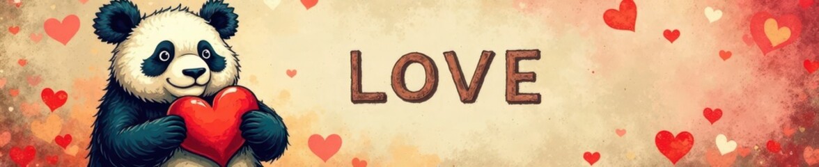 Fototapeta premium A distressed, textured background with a hand-drawn panda bear and a faded love message , hearts, parchment, antique