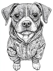 dog, funny costume, kawaii, adult coloring book style, highly detailed monochrome line drawing, minimalist, black & white illustration, thick-line contour drawing, 3:4