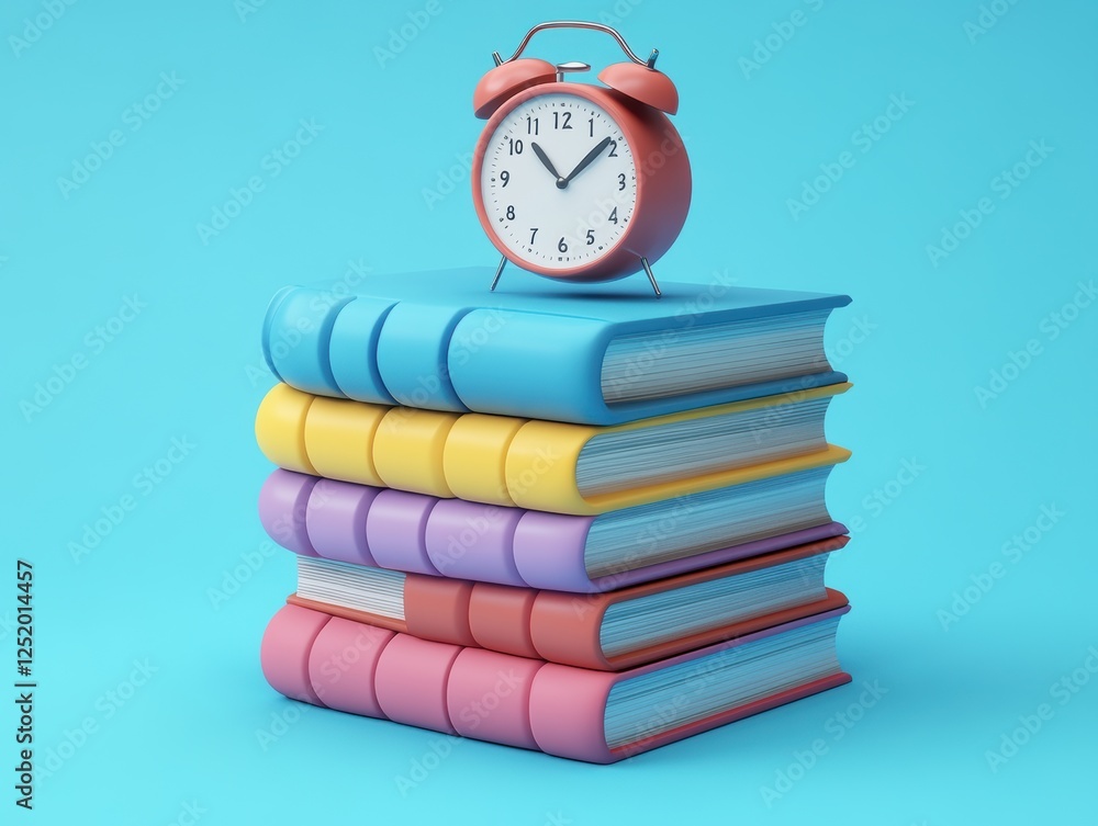 Poster a stack of colorful books with an alarm clock on top against a blue background.