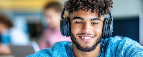 A bright, smiling student immerses himself in focused study, utilizing noise-canceling headphones to conquer a challenging research paper This image captures the essence of concentration, academic