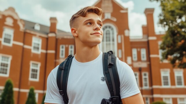 Capture the Enthusiasm A Bright-eyed college freshman gazes up in awe at the majestic university building, ready to embark on an exciting academic journey Experience the anticipation and dreams as he