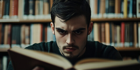 Student Reading a Book in a Quiet Library with Clear Facial Features