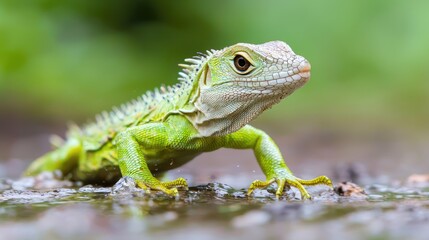 Obraz premium Young lizard near water, vibrant green scales, natural setting