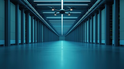 Futuristic drone operations in ecommerce warehouse innovative technology industrial environment aerial view