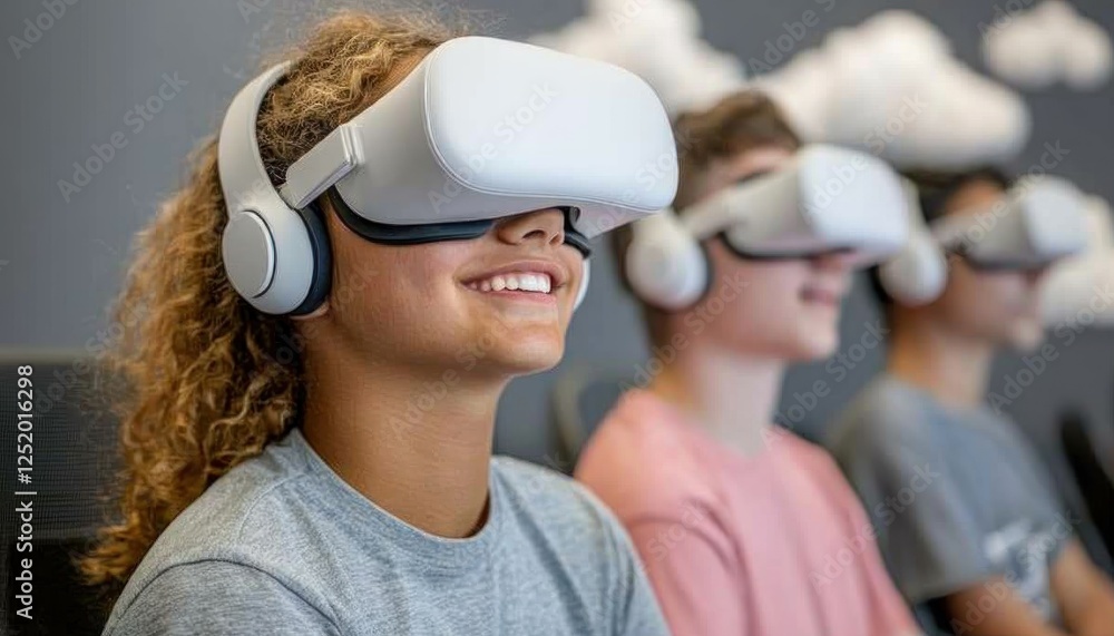Poster explore the future of education with a conceptual image of the metaverse classroom, featuring studen