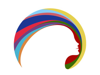 Beauty salon, skin care studio logo. Woman face. Cosmetics and spa icon isolated on light fund. Cute young lady portrait. Beautiful rainbow model. Luxury, glamour pride style logo.