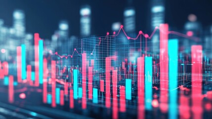 Futuristic cityscape with holographic charts urban environment digital art technology aerial view innovation