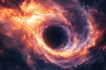 A cosmic depiction of a swirling black hole surrounded by vibrant nebulae.