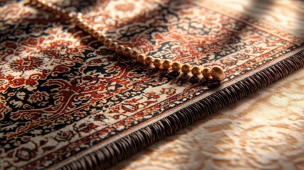 Prayer beads on rug, sunlight, ornate carpet, home