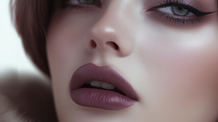 Fototapeta premium Close-up of a woman's face with lavender lips, soft eyeshadow and smooth, glowing skin.