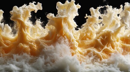 Abstract swirls of creamy, golden substance erupt against a dark background, resembling a fantastical, otherworldly landscape.