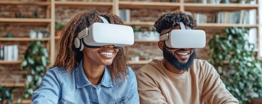 Unlock next-level professional development with immersive VR Visualize young professionals attending an online course with immersive virtual reality tools, depicting interactive e-learning that