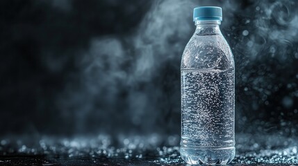 A chilled water bottle, covered in refreshing condensation, catches the light as it contrasts against a moody, deep-toned backdrop.