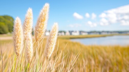 Naklejka premium Coastal grasses, sunny day, houses, water