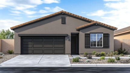 Desert ranch house, new construction, sunny day, landscaping