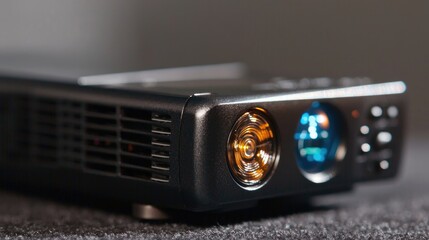 Portable projector on dark surface, home theater setup