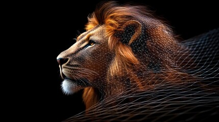 Naklejka premium Majestic lion profile with flowing mane against a dark background, symbolizing strength and beauty