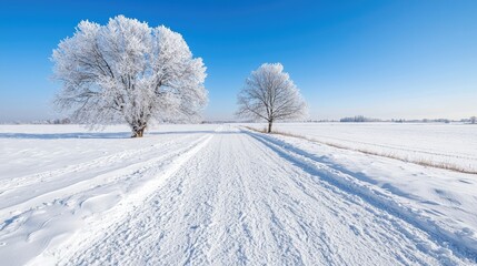 Fototapeta premium Frosty winter road between trees, snowy field background, tranquil winter landscape, ideal for calendars