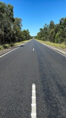 A long, straight road stretching into the horizon, flanked by trees and grass on both sides under a clear blue sky, creating a sense of open space and endless journey.