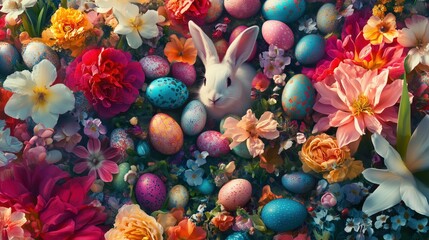 A cheerful Easter banner filled with colorful eggs, playful bunnies, and fresh spring flowers, leaving plenty of space for festive greetings and heartfelt wishes.