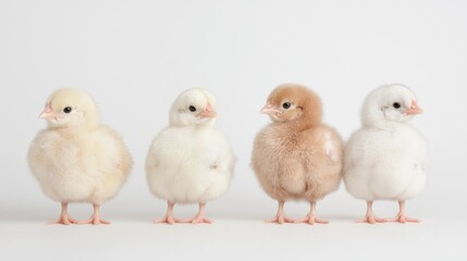 Fototapeta premium Four baby chicks lined up, studio shot, white background, farm animal image