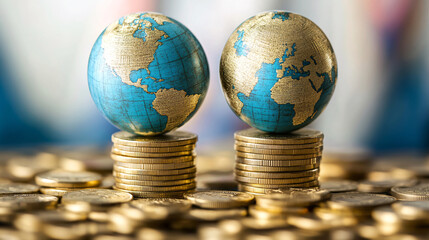 A symbolic image representing global growth, featuring two globes balanced on stacks of gold coins, highlighting the concept of economic prosperity worldwide.